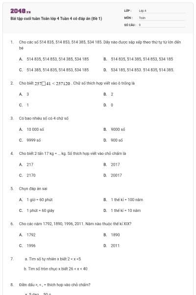 Bài tập cuối tuần Toán lớp 4 Tuần 4 có đáp án (Đề 1)