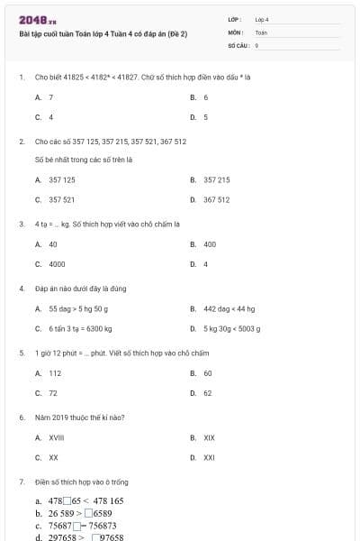 Bài tập cuối tuần Toán lớp 4 Tuần 4 có đáp án (Đề 2)