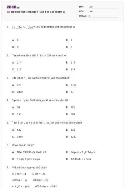 Bài tập cuối tuần Toán lớp 4 Tuần 4 có đáp án (Đề 3)