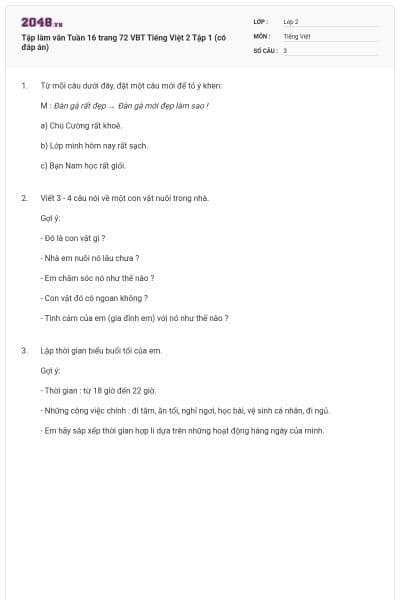 Tập làm văn Tuần 16 trang 72 VBT Tiếng Việt 2 Tập 1 (có đáp án)