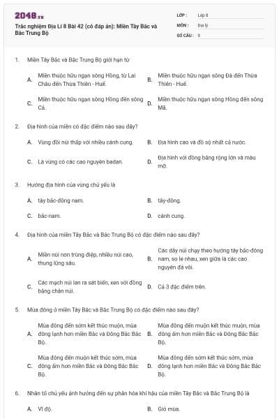 Trắc nghiệm Địa Lí 8 Bài 42 (có đáp án): Miền Tây Bắc và Bắc Trung Bộ