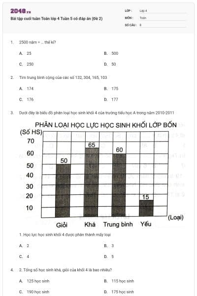 Bài tập cuối tuần Toán lớp 4 Tuần 5 có đáp án (Đề 2)