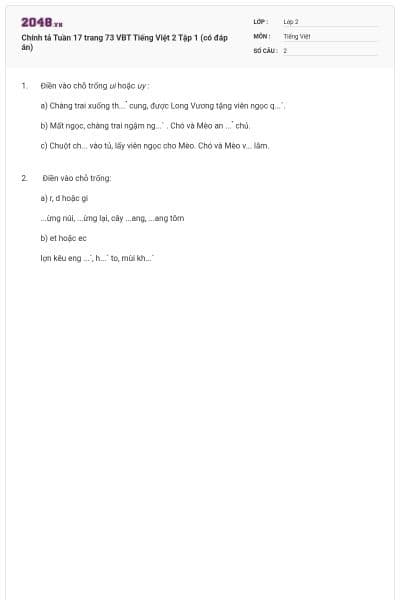 Chính tả Tuần 17 trang 73 VBT Tiếng Việt 2 Tập 1 (có đáp án)
