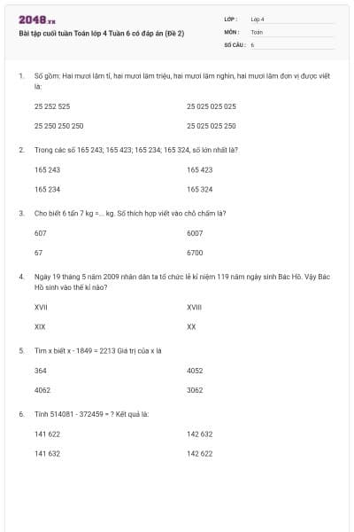 Bài tập cuối tuần Toán lớp 4 Tuần 6 có đáp án (Đề 2)