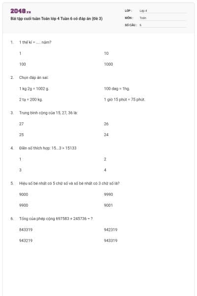 Bài tập cuối tuần Toán lớp 4 Tuần 6 có đáp án (Đề 3)