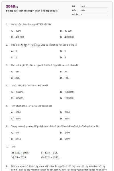 Bài tập cuối tuần Toán lớp 4 Tuần 6 có đáp án (Đề 1)