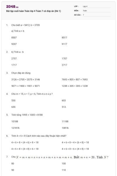 Bài tập cuối tuần Toán lớp 4 Tuần 7 có đáp án (Đề 1)