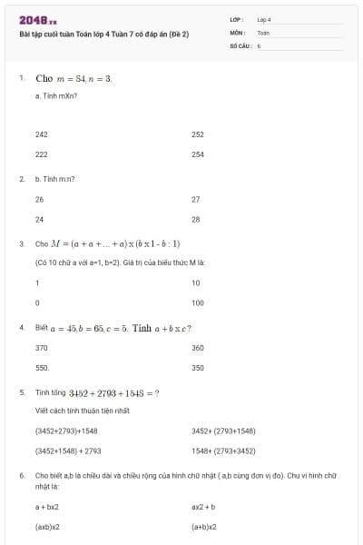 Bài tập cuối tuần Toán lớp 4 Tuần 7 có đáp án (Đề 2)