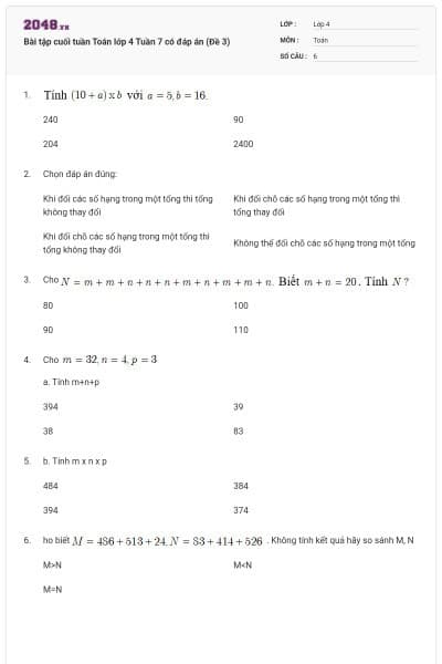 Bài tập cuối tuần Toán lớp 4 Tuần 7 có đáp án (Đề 3)