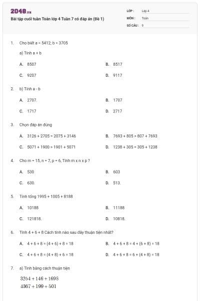 Bài tập cuối tuần Toán lớp 4 Tuần 7 có đáp án (Đề 1)