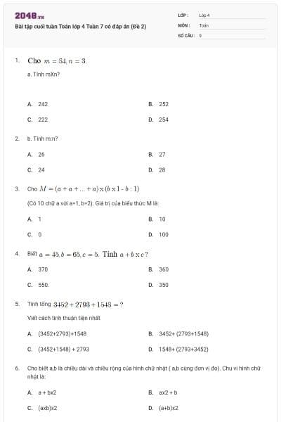 Bài tập cuối tuần Toán lớp 4 Tuần 7 có đáp án (Đề 2)