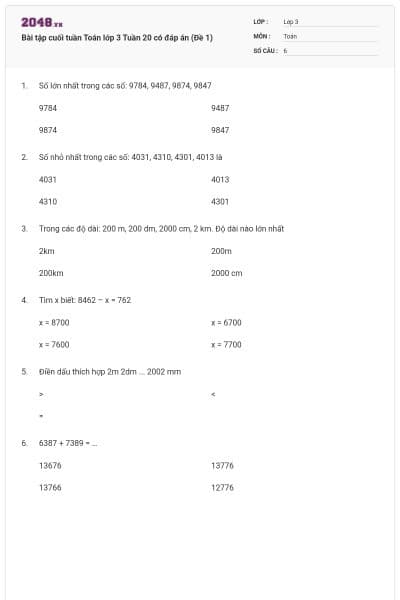 Bài tập cuối tuần Toán lớp 3 Tuần 20 có đáp án (Đề 1)