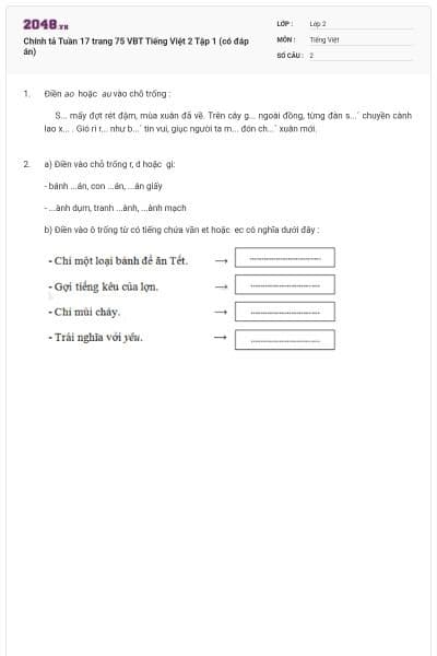 Chính tả Tuần 17 trang 75 VBT Tiếng Việt 2 Tập 1 (có đáp án)