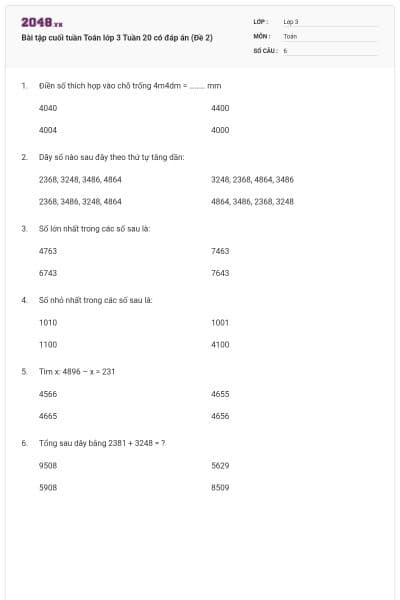 Bài tập cuối tuần Toán lớp 3 Tuần 20 có đáp án (Đề 2)