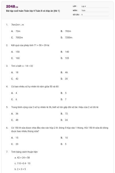 Bài tập cuối tuần Toán lớp 4 Tuần 8 có đáp án (Đề 1)