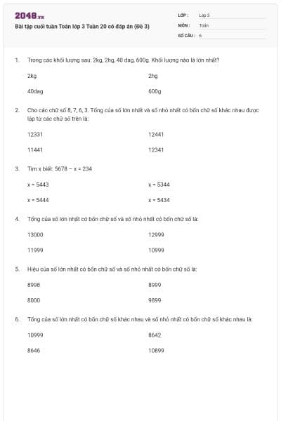 Bài tập cuối tuần Toán lớp 3 Tuần 20 có đáp án (Đề 3)