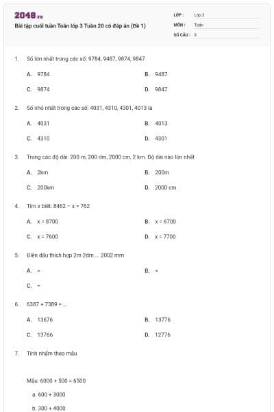 Bài tập cuối tuần Toán lớp 3 Tuần 20 có đáp án (Đề 1)