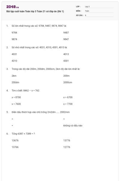 Bài tập cuối tuần Toán lớp 3 Tuần 21 có đáp án (Đề 1)