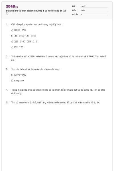 Đề kiểm tra 45 phút Toán 6 Chương 1 Số học có đáp án (Đề 2)