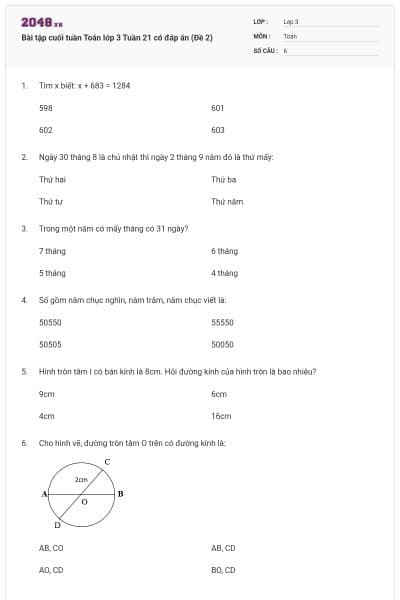 Bài tập cuối tuần Toán lớp 3 Tuần 21 có đáp án (Đề 2)