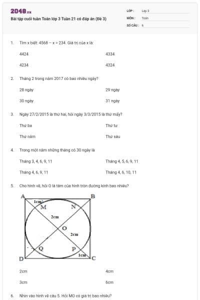 Bài tập cuối tuần Toán lớp 3 Tuần 21 có đáp án (Đề 3)