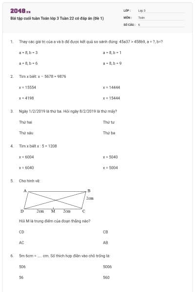 Bài tập cuối tuần Toán lớp 3 Tuần 22 có đáp án (Đề 1)