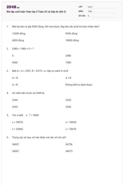 Bài tập cuối tuần Toán lớp 3 Tuần 22 có đáp án (Đề 2)