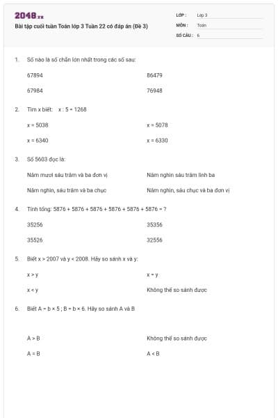 Bài tập cuối tuần Toán lớp 3 Tuần 22 có đáp án (Đề 3)