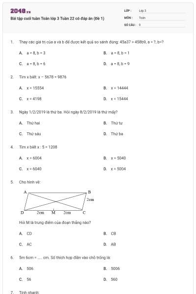 Bài tập cuối tuần Toán lớp 3 Tuần 22 có đáp án (Đề 1)
