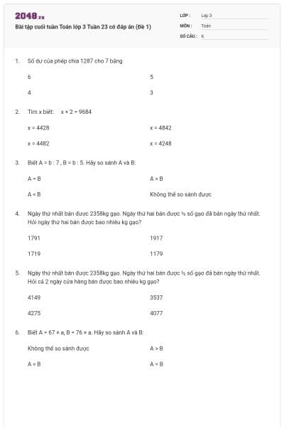Bài tập cuối tuần Toán lớp 3 Tuần 23 có đáp án (Đề 1)