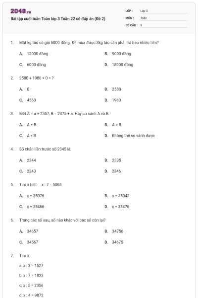 Bài tập cuối tuần Toán lớp 3 Tuần 22 có đáp án (Đề 2)