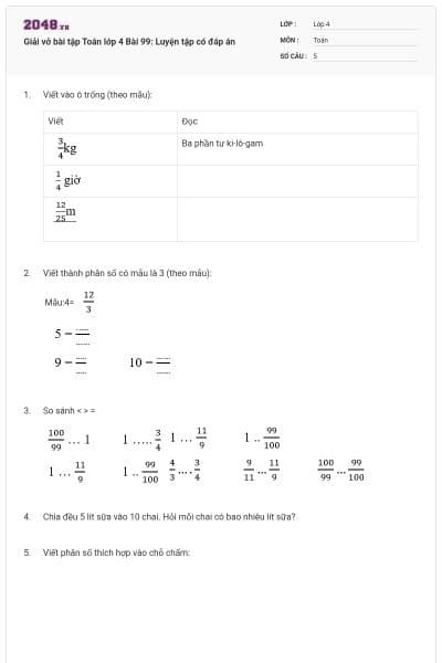 Giải vở bài tập Toán lớp 4 Bài 99: Luyện tập có đáp án