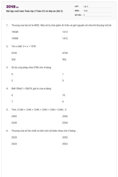 Bài tập cuối tuần Toán lớp 3 Tuần 23 có đáp án (Đề 2)