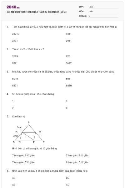 Bài tập cuối tuần Toán lớp 3 Tuần 23 có đáp án (Đề 3)