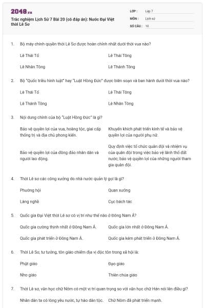 Trắc nghiệm Lịch Sử 7 Bài 20 (có đáp án): Nước Đại Việt thời Lê Sơ