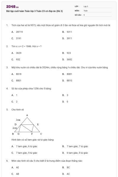 Bài tập cuối tuần Toán lớp 3 Tuần 23 có đáp án (Đề 3)