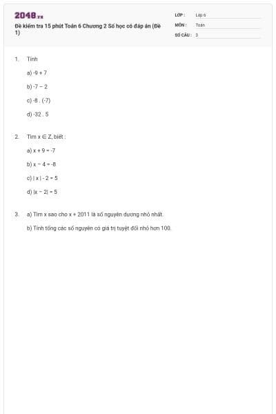 Đề kiểm tra 15 phút Toán 6 Chương 2 Số học có đáp án (Đề 1)