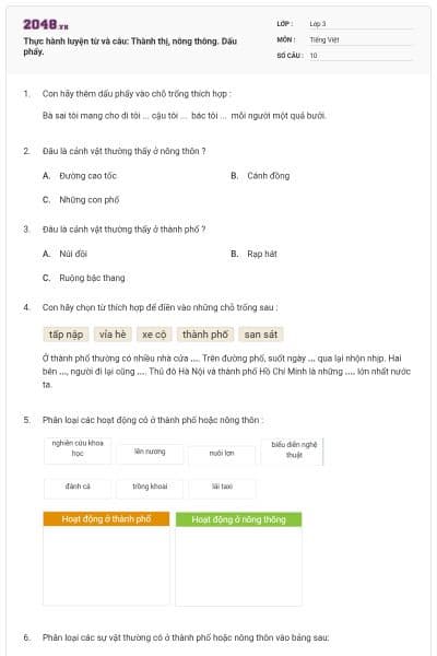 Thực hành luyện từ và câu: Thành thị, nông thông. Dấu phẩy.