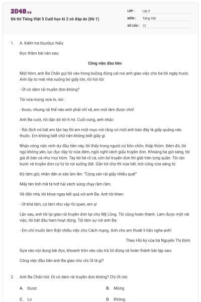 Đề thi Tiếng Việt 5 Cuối học kì 2 có đáp án (Đề 1)