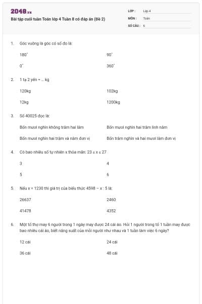 Bài tập cuối tuần Toán lớp 4 Tuần 8 có đáp án (Đề 2)