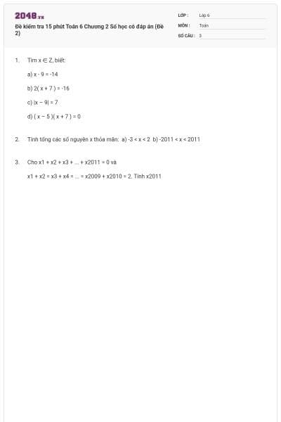 Đề kiểm tra 15 phút Toán 6 Chương 2 Số học có đáp án (Đề 2)