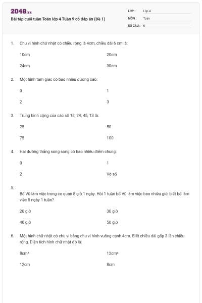 Bài tập cuối tuần Toán lớp 4 Tuần 9 có đáp án (Đề 1)