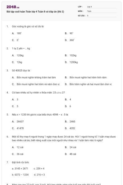 Bài tập cuối tuần Toán lớp 4 Tuần 8 có đáp án (Đề 2)