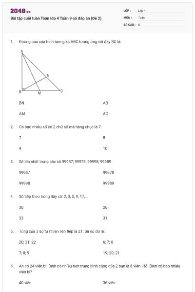Bài tập cuối tuần Toán lớp 4 Tuần 9 có đáp án (Đề 2)