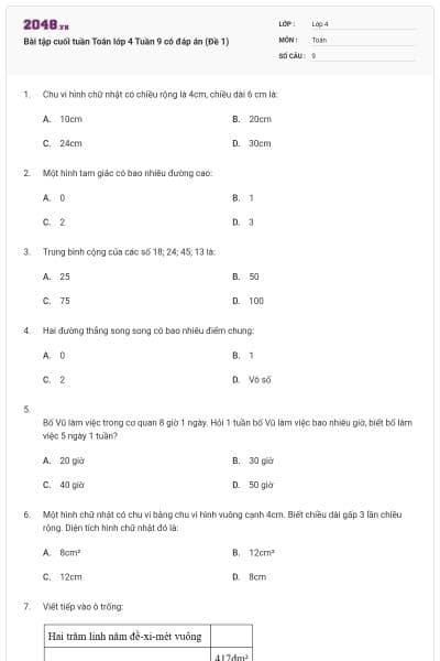 Bài tập cuối tuần Toán lớp 4 Tuần 9 có đáp án (Đề 1)