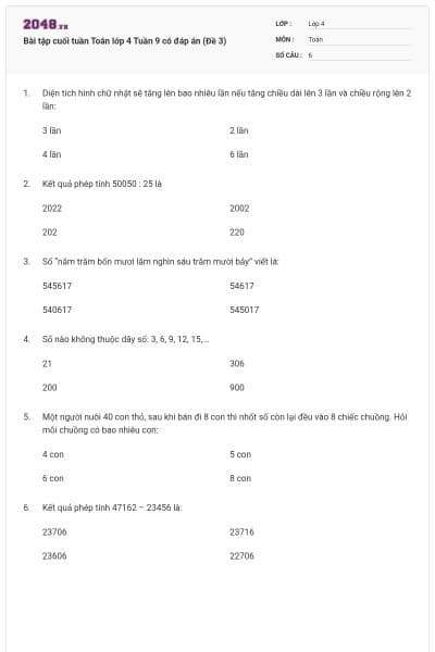 Bài tập cuối tuần Toán lớp 4 Tuần 9 có đáp án (Đề 3)