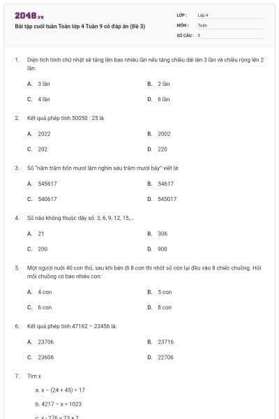 Bài tập cuối tuần Toán lớp 4 Tuần 9 có đáp án (Đề 3)