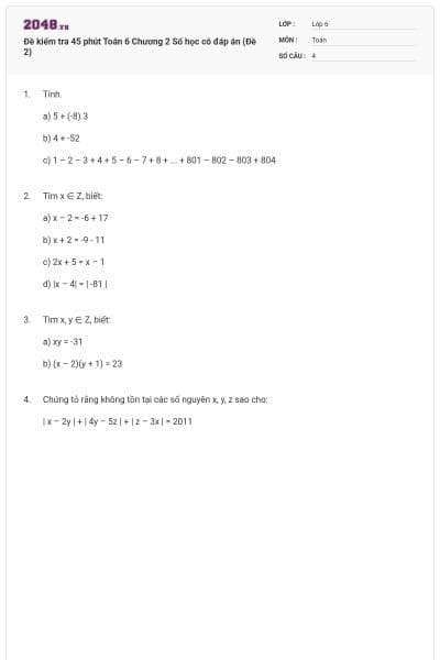 Đề kiểm tra 45 phút Toán 6 Chương 2 Số học có đáp án (Đề 2)