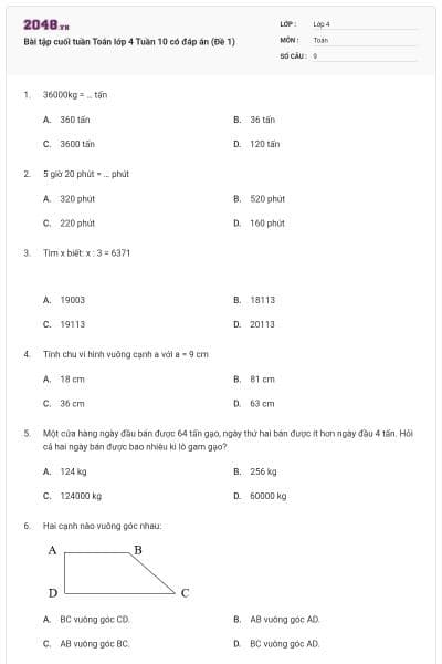Bài tập cuối tuần Toán lớp 4 Tuần 10 có đáp án (Đề 1)