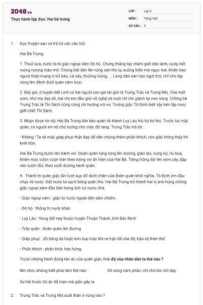 Thực hành tập đọc: Hai bà trưng